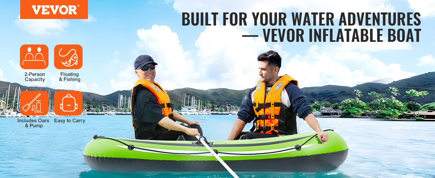 VEVOR inflatable fishing boat for 2 with oars, pump, and life jackets on a scenic water backdrop
