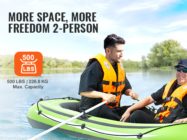 VEVOR inflatable fishing boat, two people paddling on a lake, wearing orange life jackets, 500 lbs capacity.