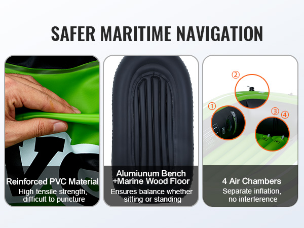 VEVOR inflatable fishing boat: reinforced pvc, thicker bottom, 4 air chambers for safer navigation.