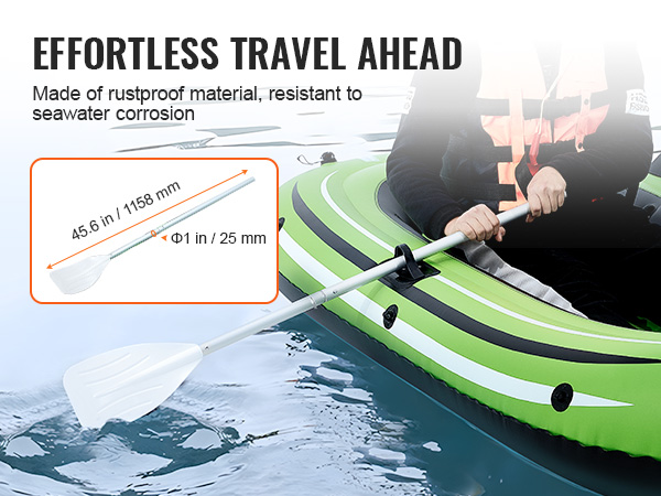 person rowing a VEVOR inflatable fishing boat with a rustproof, seawater-resistant oar.