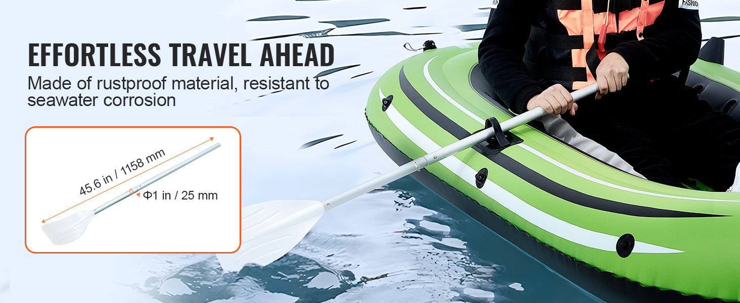 person rowing a VEVOR inflatable fishing boat with a rustproof, seawater-resistant oar.