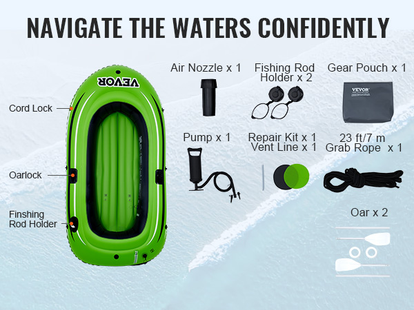 green VEVOR inflatable fishing boat with gear pouch, air nozzles, pump, oars, and grab rope.