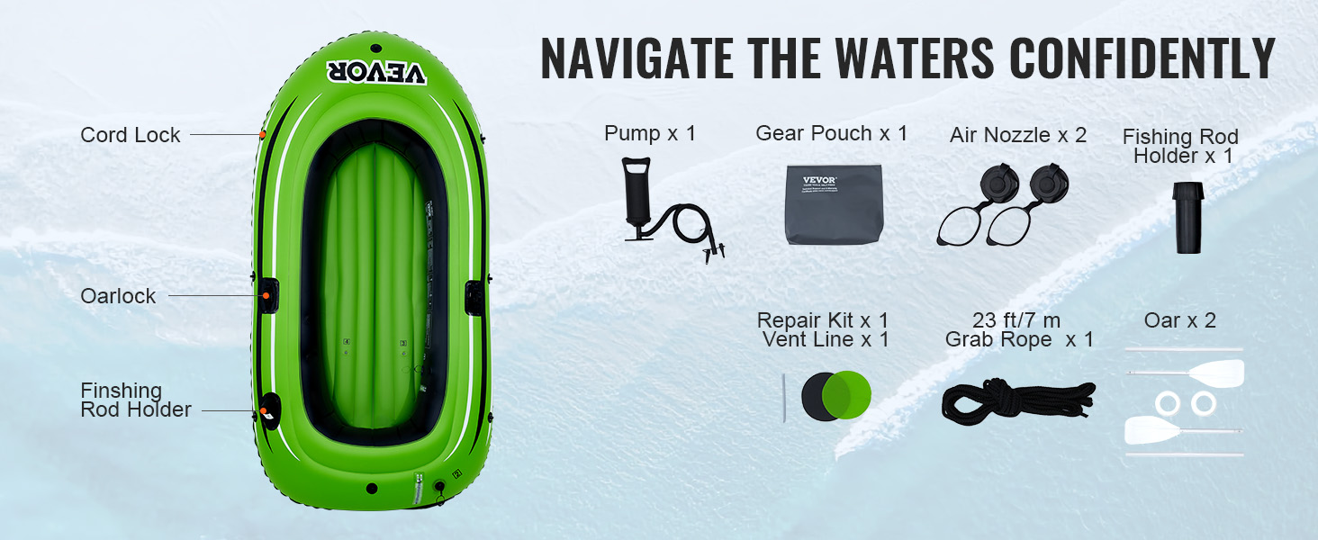 green VEVOR inflatable fishing boat with gear pouch, air nozzles, pump, oars, and grab rope.