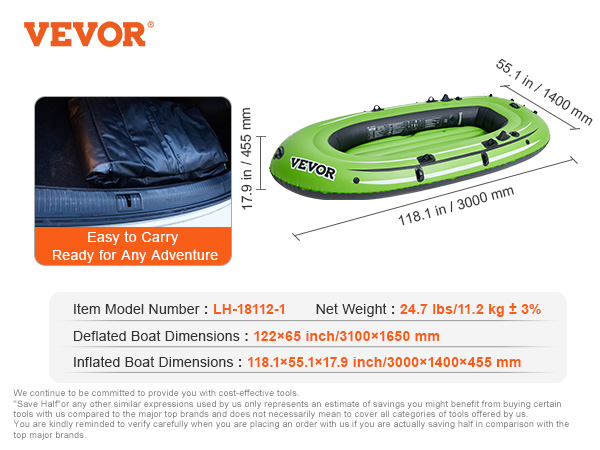 VEVOR inflatable boat dimensions and details, showcasing portability for any adventure.