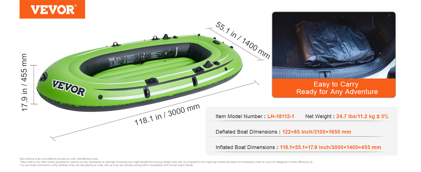 VEVOR inflatable boat dimensions and details, showcasing portability for any adventure.