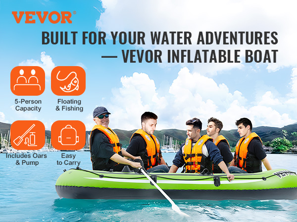 VEVOR inflatable boat for 5 people, ideal for fishing, includes oars and pump, easy to carry.