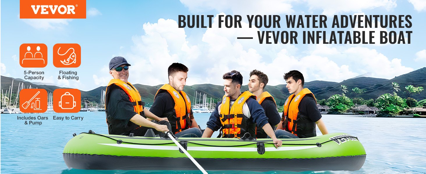 VEVOR inflatable boat for 5 people, ideal for fishing, includes oars and pump, easy to carry.