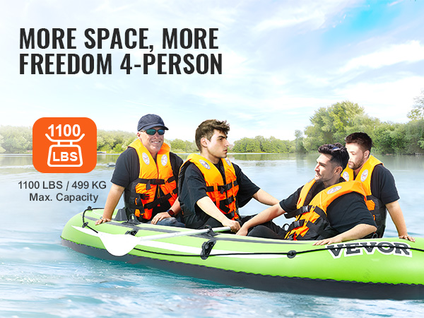 VEVOR inflatable boat, 5-person capacity, 1100 lbs max, used on calm river by a group of people.
