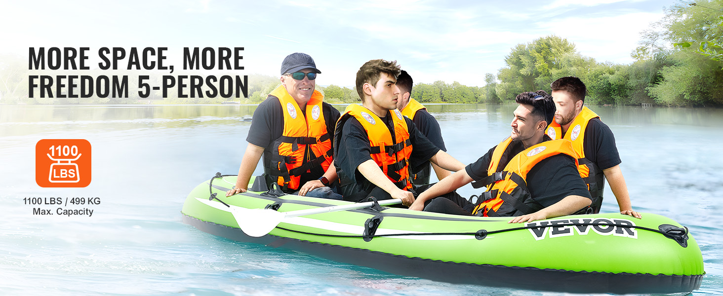 VEVOR inflatable boat, 5-person capacity, 1100 lbs max, used on calm river by a group of people.