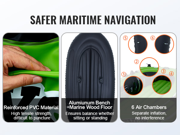 safer maritime navigation with VEVOR inflatable boat: reinforced pvc, thick bottom, 6 air chambers.
