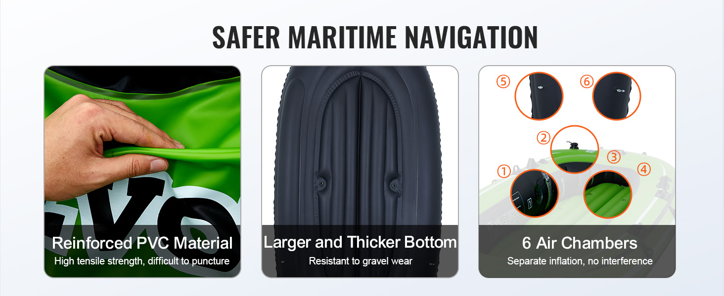 safer maritime navigation with VEVOR inflatable boat: reinforced pvc, thick bottom, 6 air chambers.
