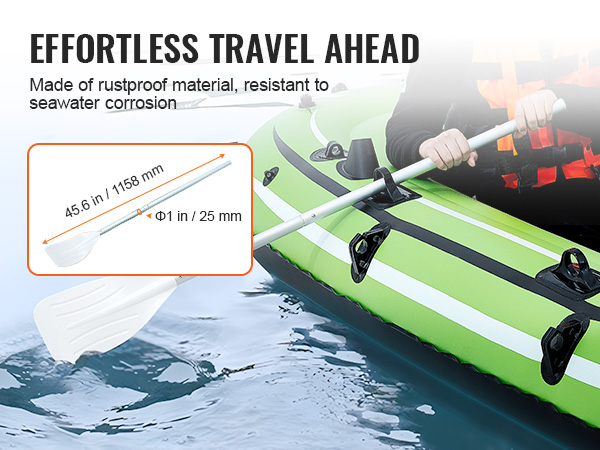 green VEVOR inflatable boat on water with rustproof oars, resistant to seawater corrosion.