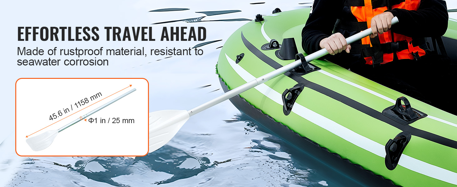 green VEVOR inflatable boat on water with rustproof oars, resistant to seawater corrosion.