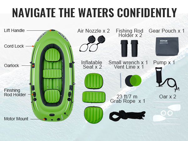 green VEVOR inflatable boat with gear pouch, pump, fishing rod holders, inflatable seats, and oars.