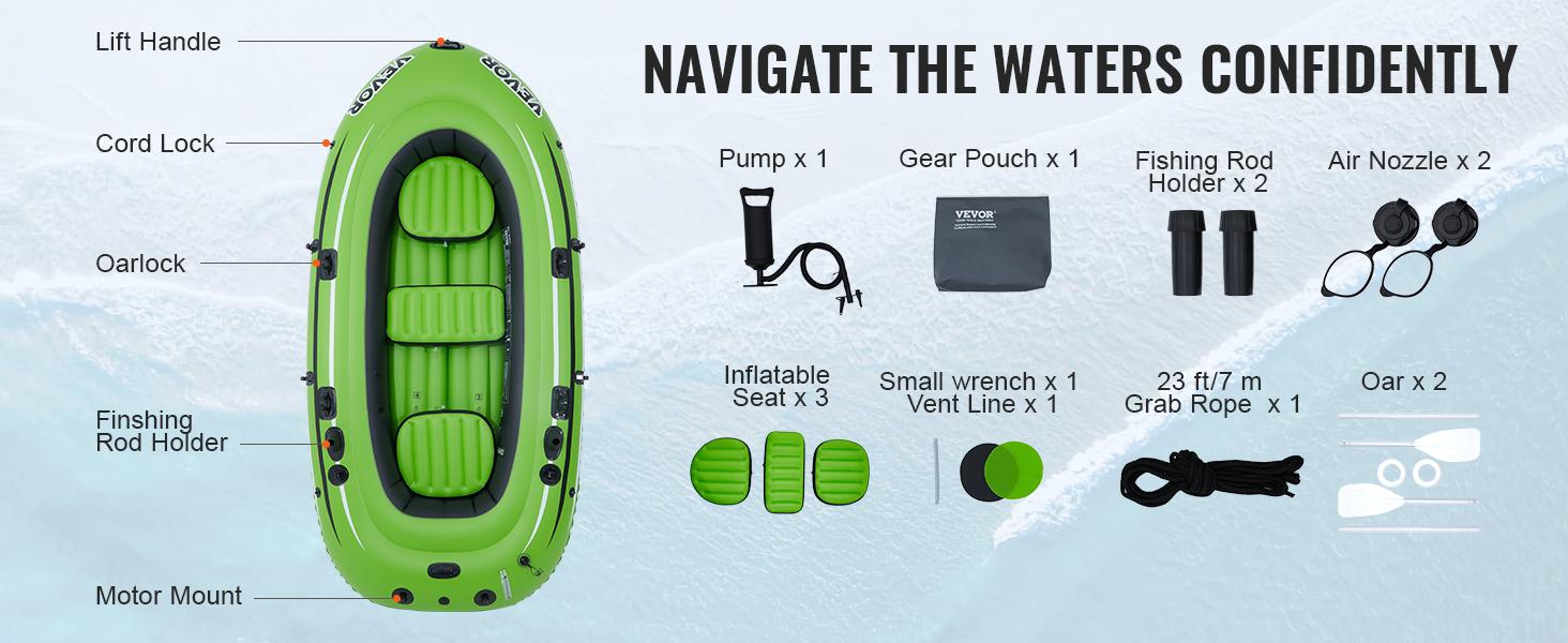 green VEVOR inflatable boat with gear pouch, pump, fishing rod holders, inflatable seats, and oars.