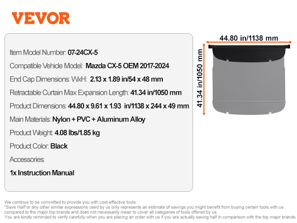 VEVOR mazda cx-5 bagāžas nodalījuma vāka specifikācijas: izmēri, materiāls, svars un saderība 2017-2024 modeļiem.