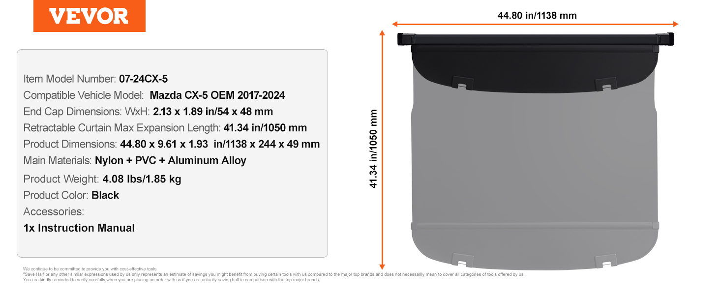 VEVOR mazda cx-5 bagāžas nodalījuma vāka specifikācijas: izmēri, materiāls, svars un saderība 2017-2024 modeļiem.