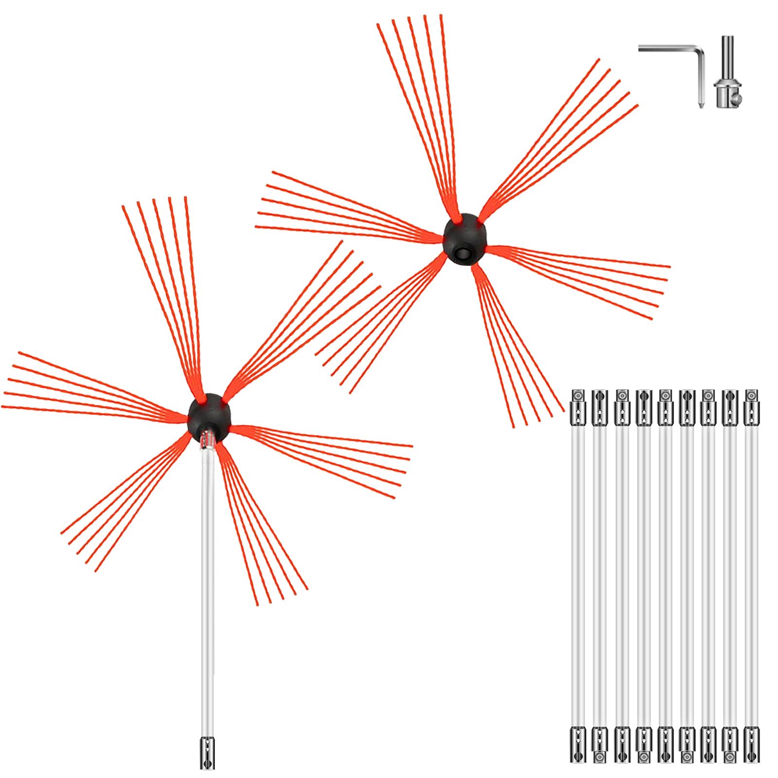 VEVOR chimney sweep kit with red nylon brushes, flexible rods, and hex key.