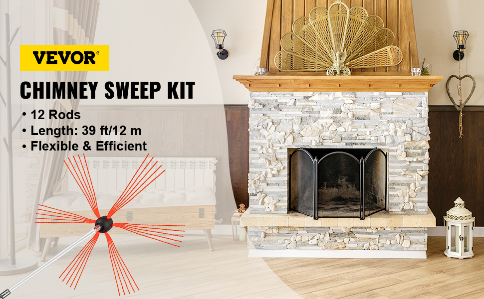 VEVOR chimney sweep kit with rods beside a fireplace in a cozy living room setting.