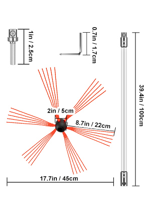 VEVOR chimney sweep kit with measurements, showing rods and brush components.