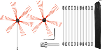 VEVOR chimney sweep kit with rotating brushes, rods, and storage bag.