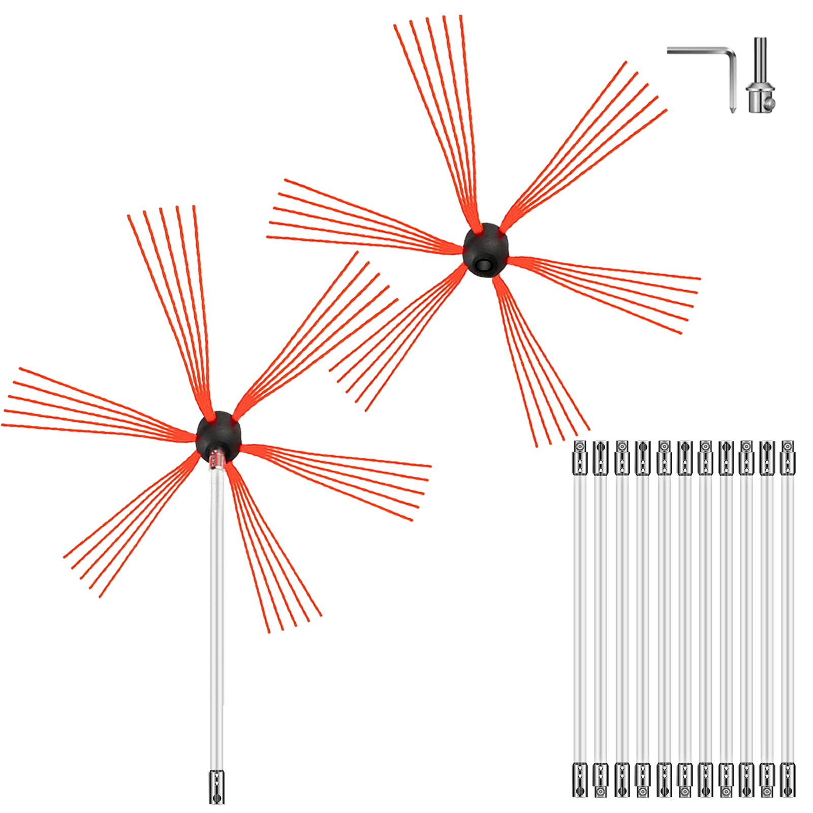 VEVOR chimney sweep kit with two brush heads, rods, and hex key.