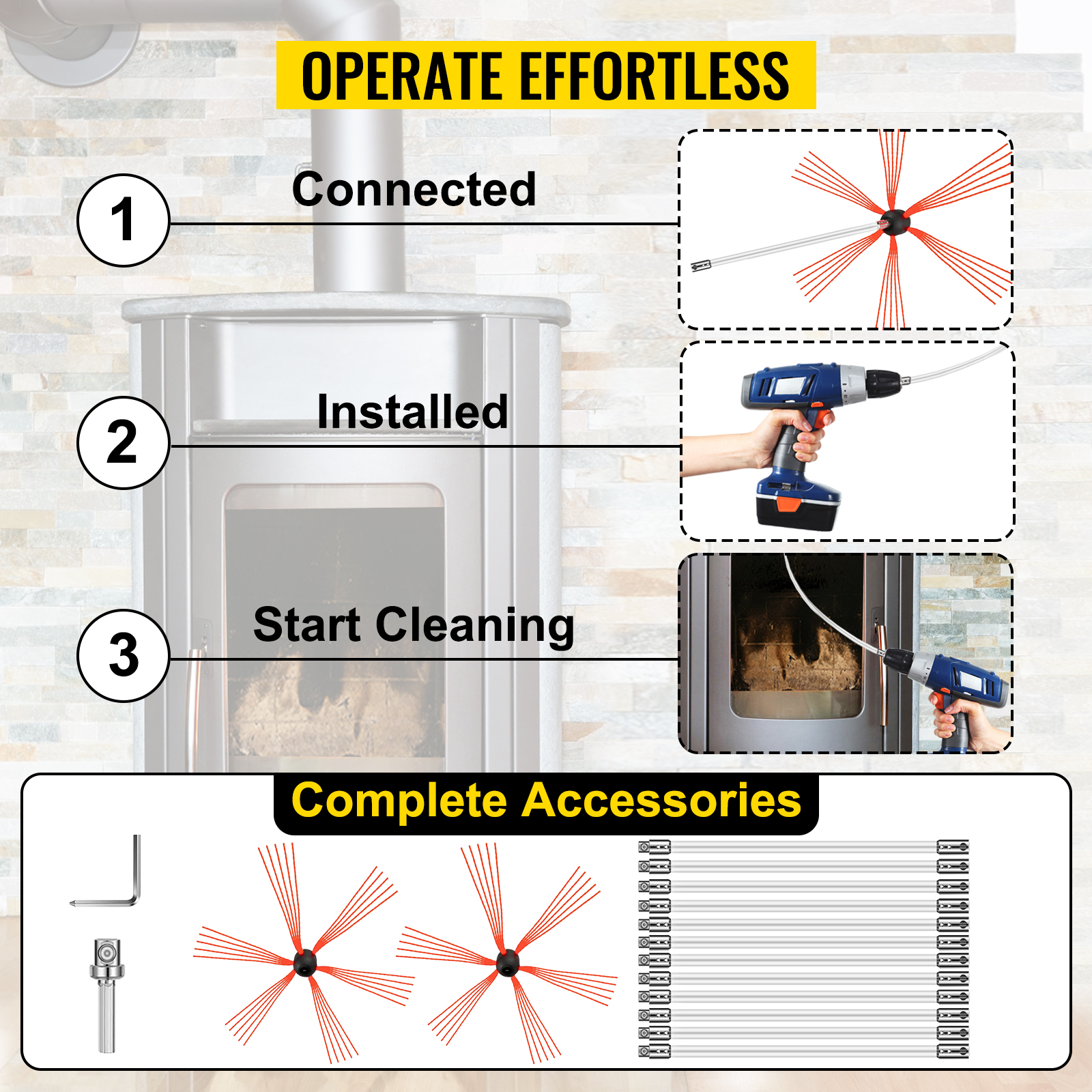 VEVOR chimney sweep kit setup and cleaning steps with complete accessories visual.