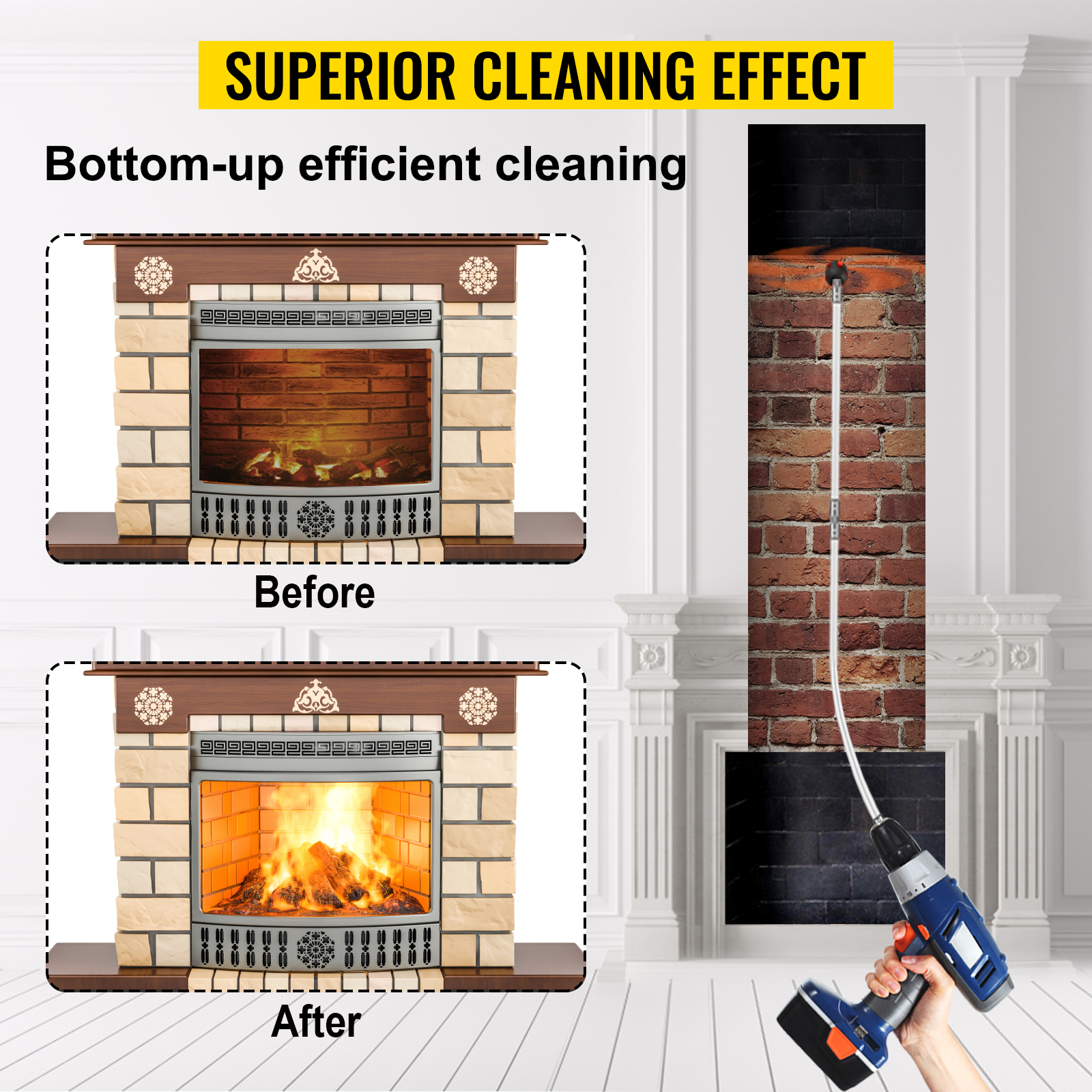 VEVOR chimney sweep kit showing before and after fireplace cleaning results.