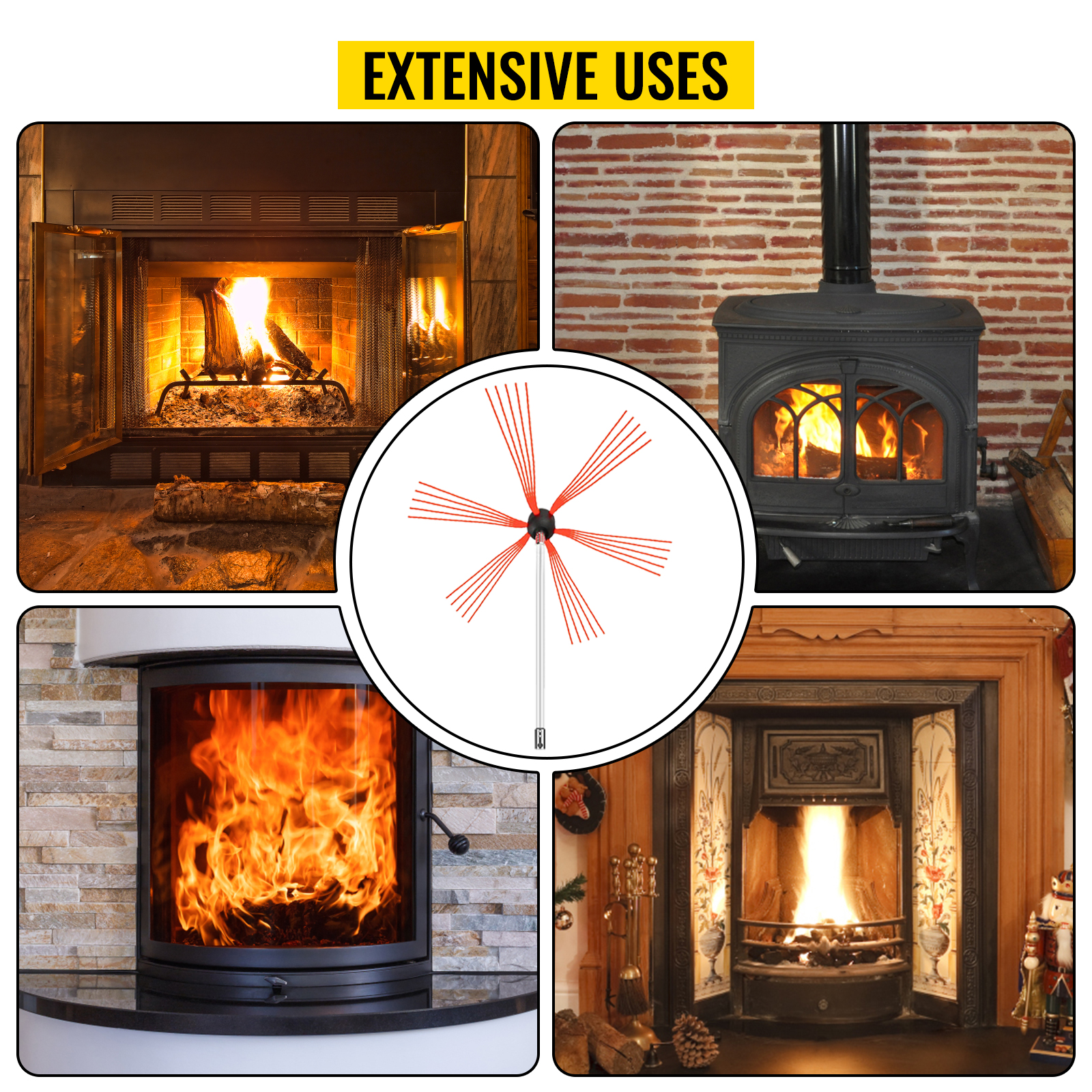VEVOR chimney sweep kit with four types of fireplaces illustrating extensive uses.