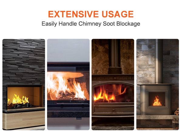 modern fireplaces with roaring flames, highlighting the extensive usage of the VEVOR chimney sweep kit.