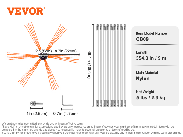 VEVOR chimney sweep kit, model cb09, nylon rods, 354.3 in (9m), weight 5 lbs (2.3 kg), various brush sizes.