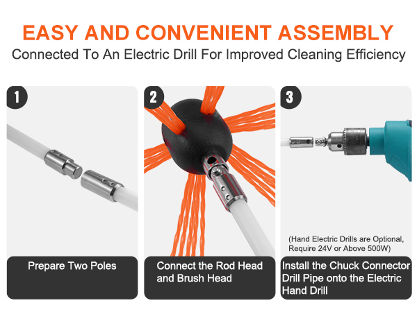 easy assembly steps for VEVOR chimney sweep kit with electric drill connection for efficiency.