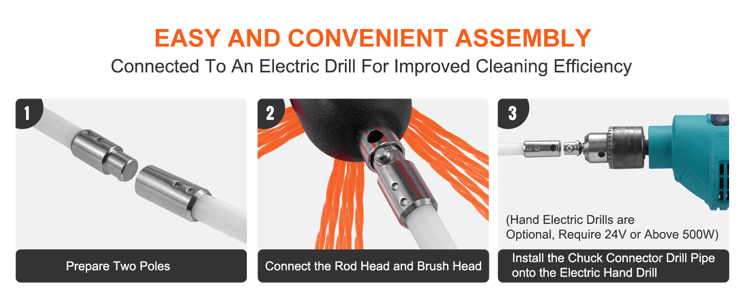 easy assembly steps for VEVOR chimney sweep kit with electric drill connection for efficiency.