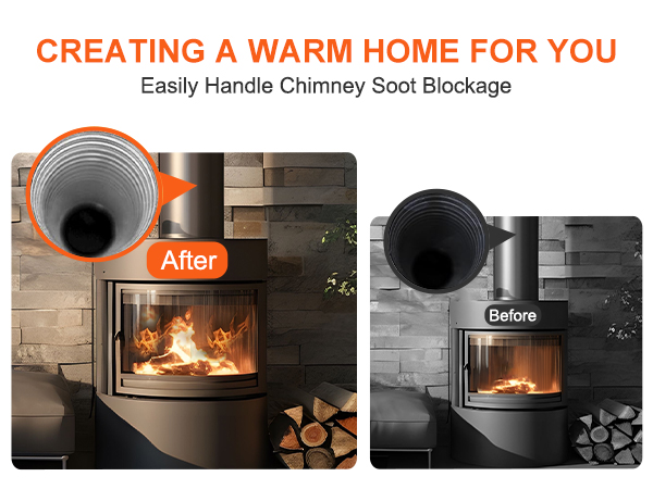before and after using the VEVOR chimney sweep kit to remove soot blockage for a warmer home.