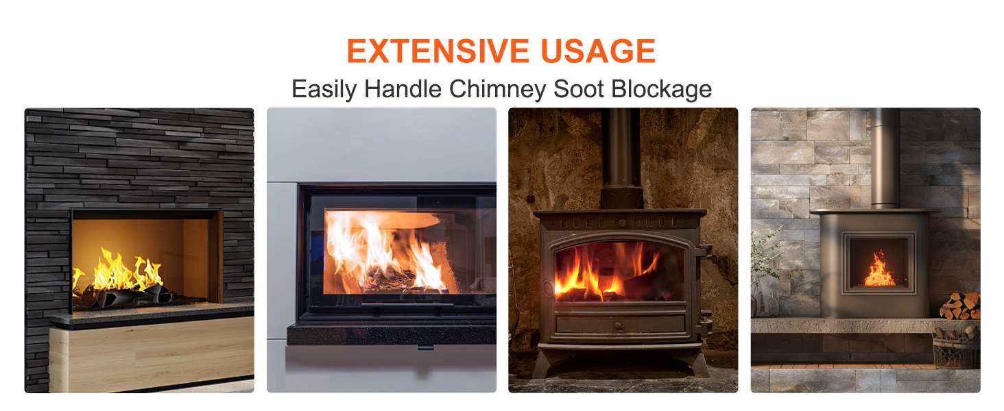 four types of fireplaces with text "extensive usage - easily handle chimney soot blockage" featuring VEVOR chimney sweep kit.