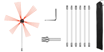 VEVOR chimney sweep kit with rods, brush head, drill adapter, and carrying bag.