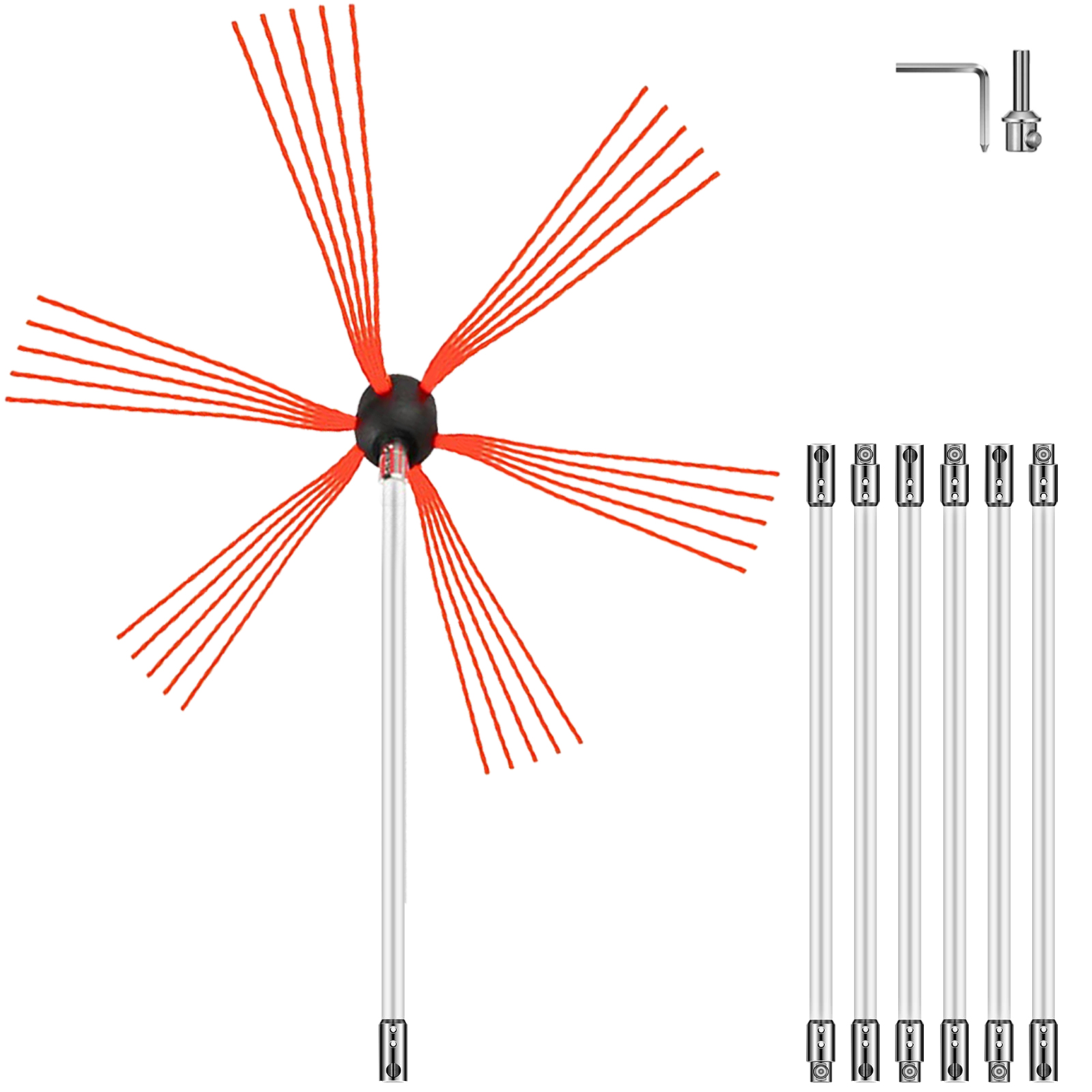 VEVOR chimney sweep kit with red brush, rods, and l-shaped wrench.