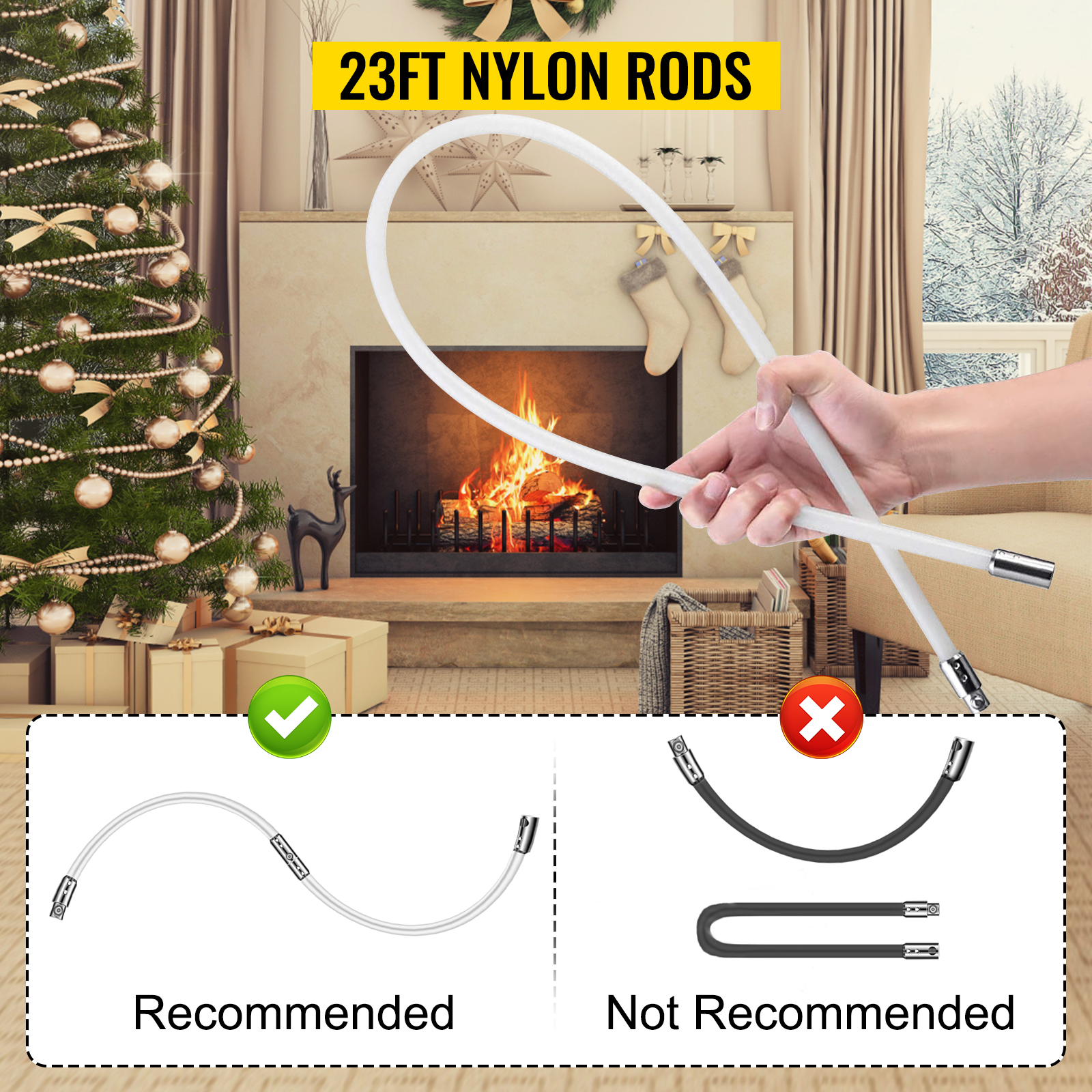 VEVOR chimney sweep kit: 23ft nylon rods, recommended use near fireplace.