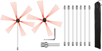 VEVOR chimney sweep kit with two brush heads, 6 rods, rotary head, angle tool, bag.