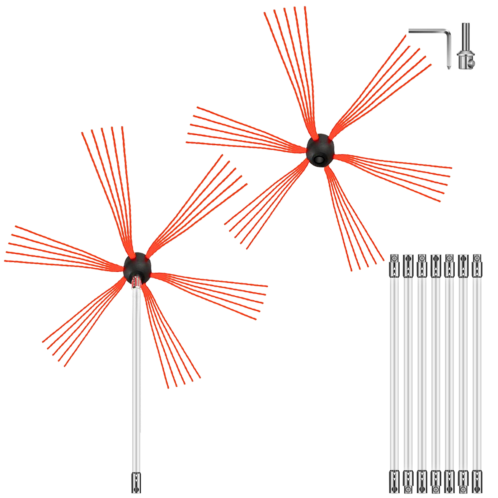 VEVOR chimney sweep kit with red brush heads and silver extension rods.