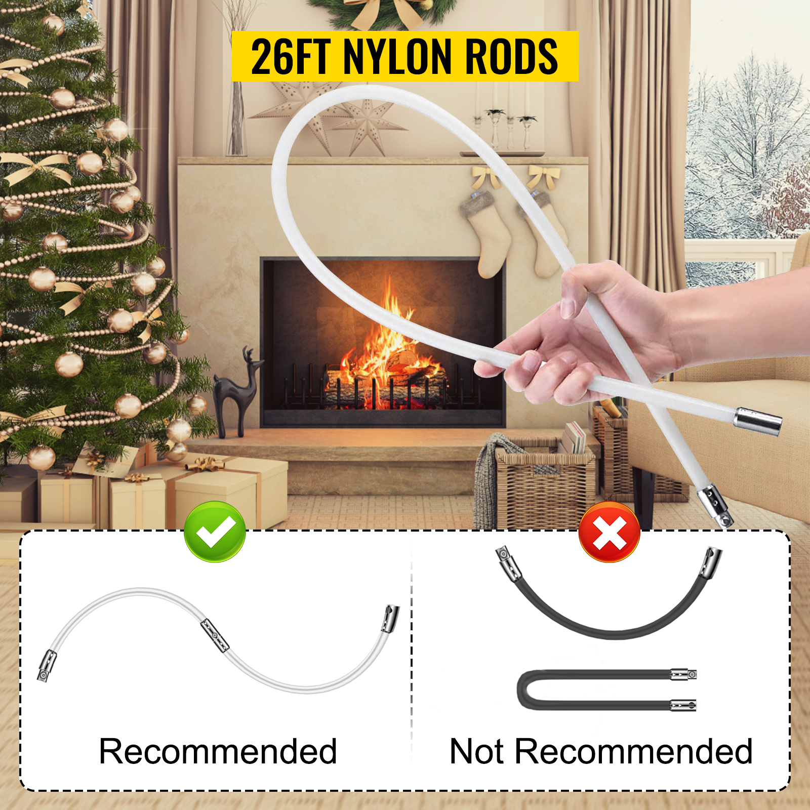 VEVOR chimney sweep kit with 26ft nylon rods recommended for safe fireplace cleaning.