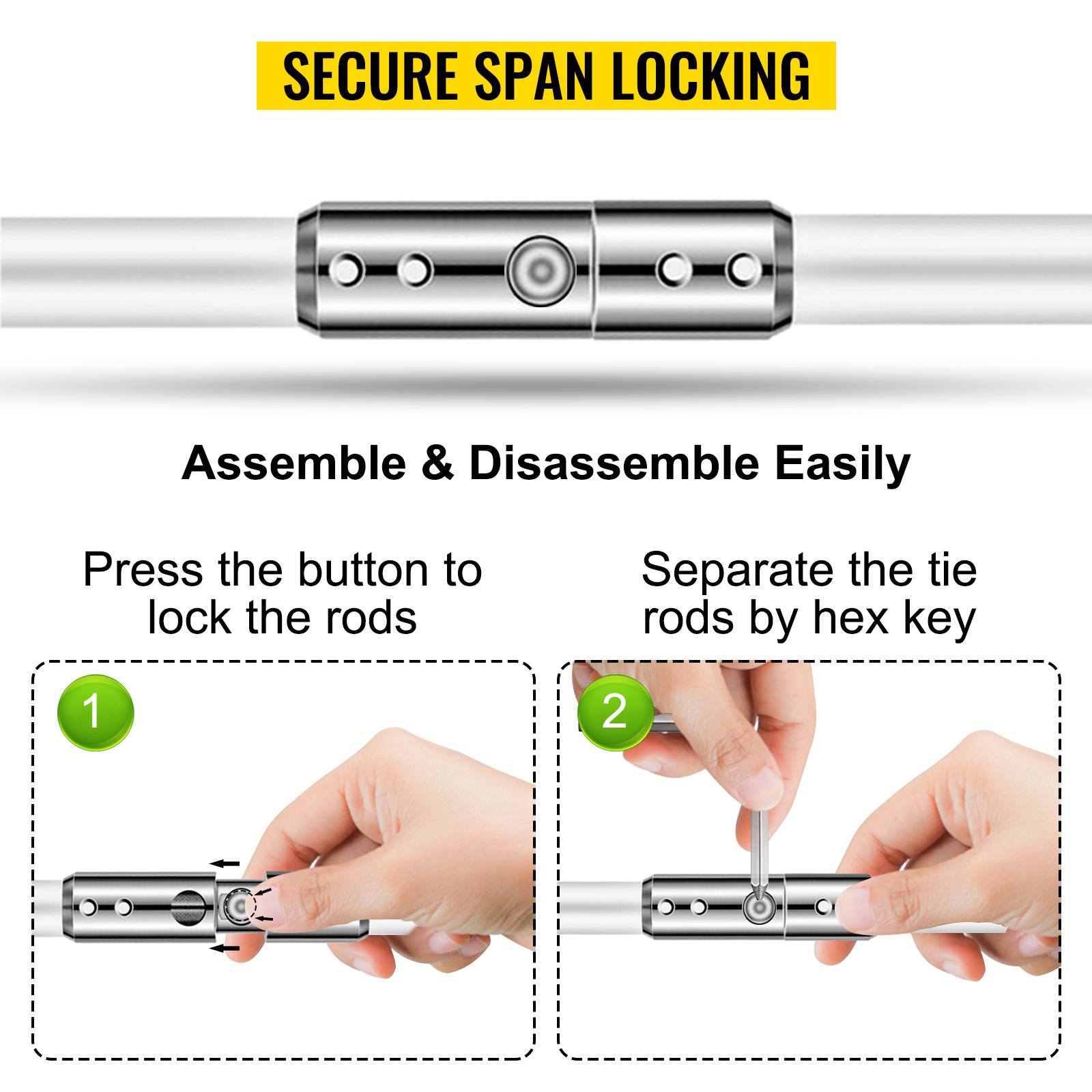 VEVOR chimney sweep kit assembly and disassembly steps with secure span locking.