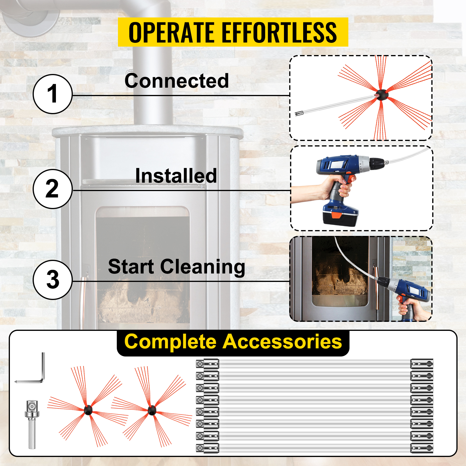 VEVOR chimney sweep kit instructions with images of stages and included accessories.