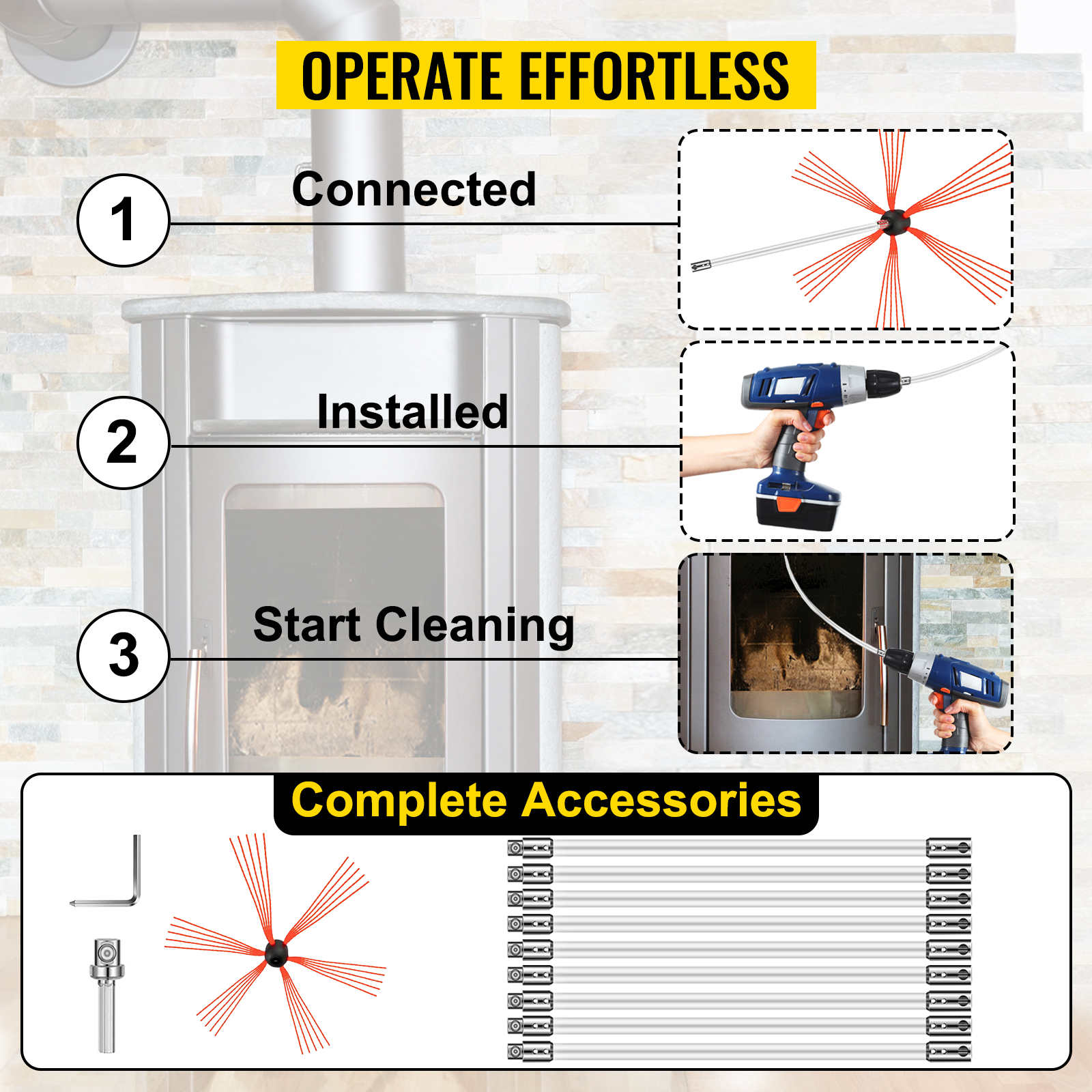 VEVOR chimney sweep kit with all attachments for easy installation and cleaning.