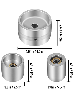 three VEVOR belt grinder parts with dimensions: 4x2.4in, 3x2.4in, and 2x2.4in.