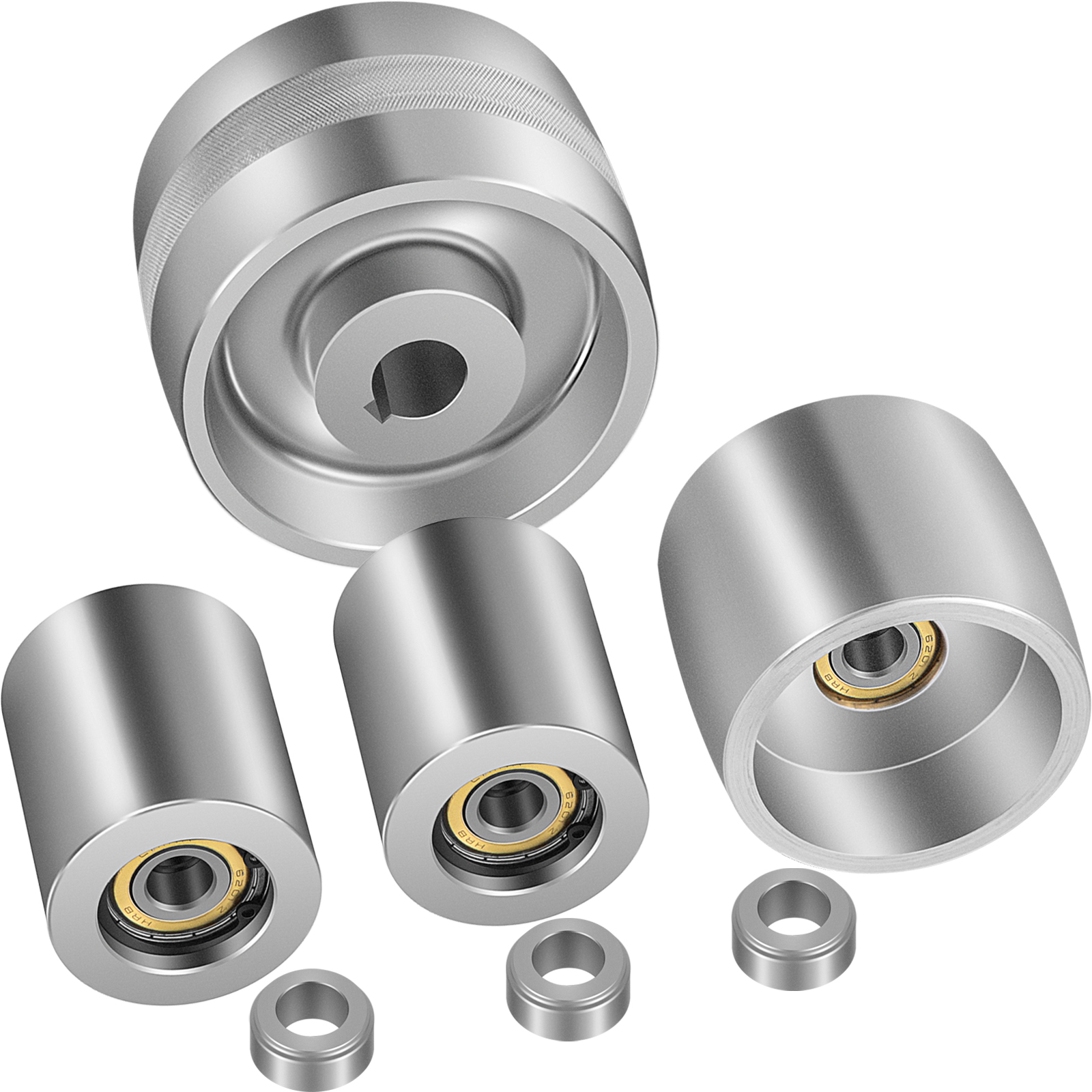 VEVOR belt grinder parts including four metal wheels and bearings on white background