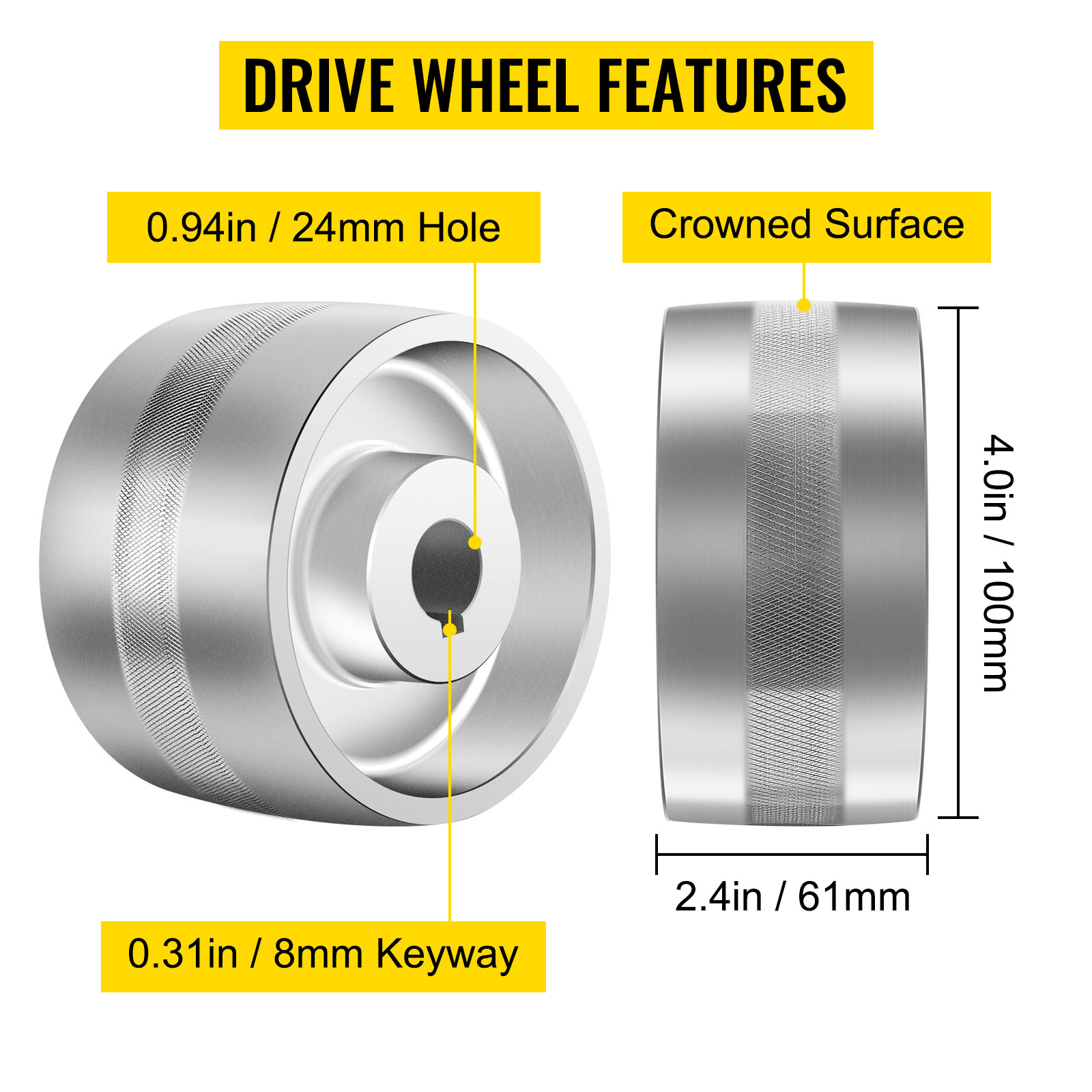 drive wheel with 0.94in hole, 0.31in keyway, and crowned surface for VEVOR belt grinder.