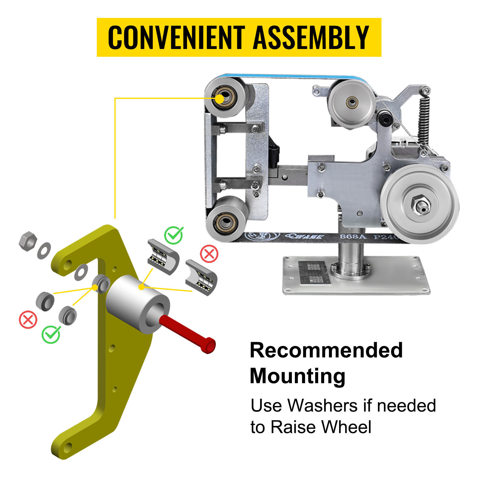 VEVOR belt grinder assembly diagram with recommended mounting instructions and washers.
