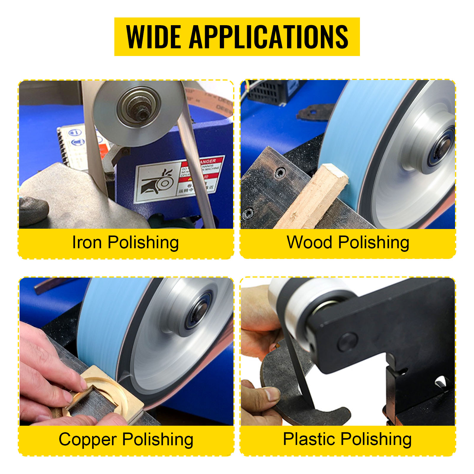 VEVOR belt grinder polishing iron, wood, copper, and plastic with wide applications.