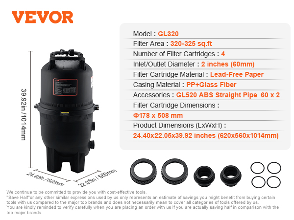 VEVOR cartridge pool filter gl320 with pp+glass fiber casing, 2-inch diameter, includes accessories.